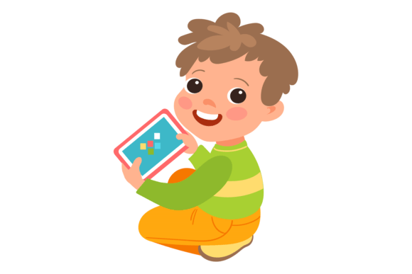 Cute Boy Playing Video Game on Phone or Tablet