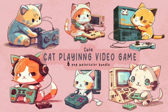 Cute Chibi Cat Playing Video Game Clipart